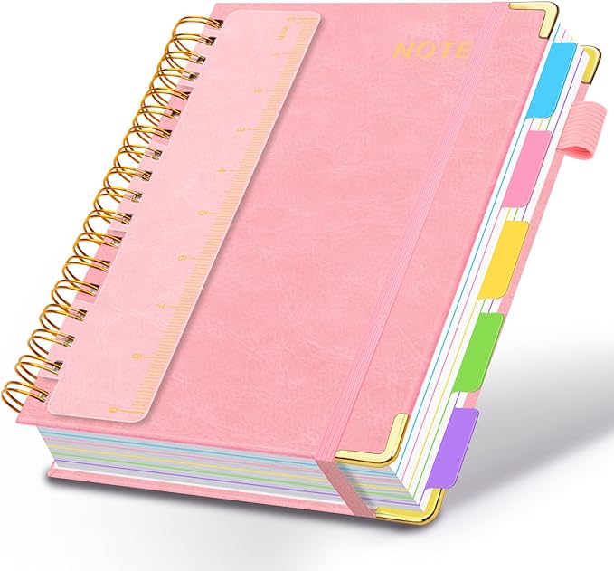 Hardcover Spiral Notebooks for Work 8''x 10'', 300 Pages 5 Subject Notebook with Dividers & Tabs, B5 Spiral Journal for Women, College Ruled Notebooks for School Note-Taking (Pink)