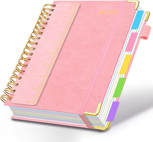 Hardcover Spiral Notebooks for Work 8''x 10'', 300 Pages 5 Subject Notebook with Dividers & Tabs, B5 Spiral Journal for Women, College Ruled Notebooks for School Note-Taking (Pink)
