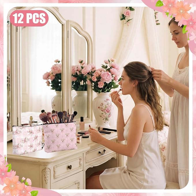 Reginary 12 Pcs Pink Bow Floral Makeup Bags Coquette Bow Cosmetic Bags with Zippers Coquette Party Favors Pink Aesthetic Elegant Pouch Bulk Gifts for Women Stuff Birthday Supplies Travel Accessory