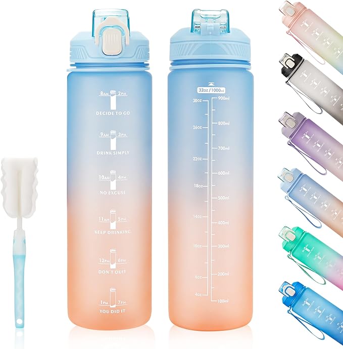 YC Kitchen Motivational Water Bottle with Time Marker- 32oz Water Bottles with Times to Drink, Leakproof & BPA Free Sports Water Bottle with Straw & Carry Strap for Fitness, Gym, and Outdoor Sports