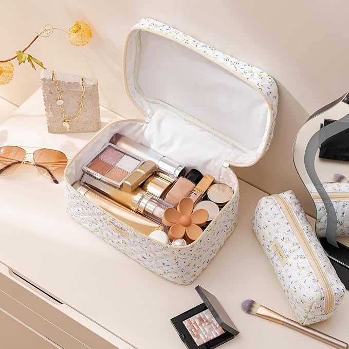 HBselect Quilted Makeup Bag, 3Pcs Cotton Large Travel Makeup Bags Organizer | Cute Floral Make up Bag Cosmetic Bag Toiletry Bag for Women Girls, Makeup Pouch for Skincare, Brushes & Travel Essentials