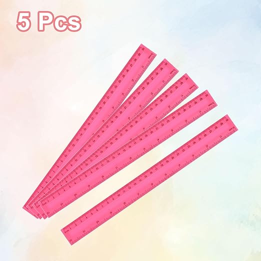 HARFINGTON 5pcs Plastic Rulers 12" (30cm) Clear Straight Ruler Measuring Tool Inches and Centimeters for Home Office Classrooms Drafting, Pink