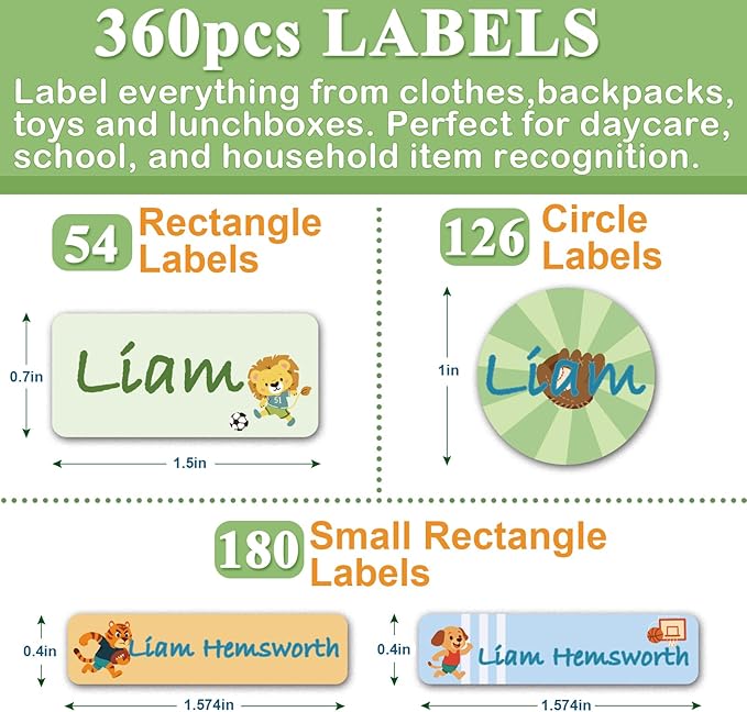 Daycare Name Labels for Kids, 360pcs Waterproof & Removable Name Stickers for Water Bottles, Lunch Boxes and School Daycare Name Tag (Sport)