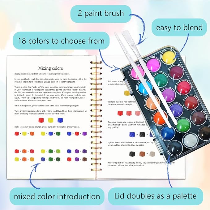 Easy Watercolor Workbook for Beginners - 12 Beautiful Step-by-Step Paintings Water Coloring Book, Includes 18 Colors Paints, Relaxing Art Projects and Creative Gift for Adults & Teen (Leaves)