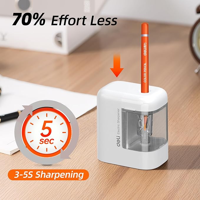 deli Electric Pencil Sharpener, Portable Pencil Sharpener for No.2 Pencils Colored Pencils, Battery Powered Electric Pencil Sharpener for School, Home, Office, White
