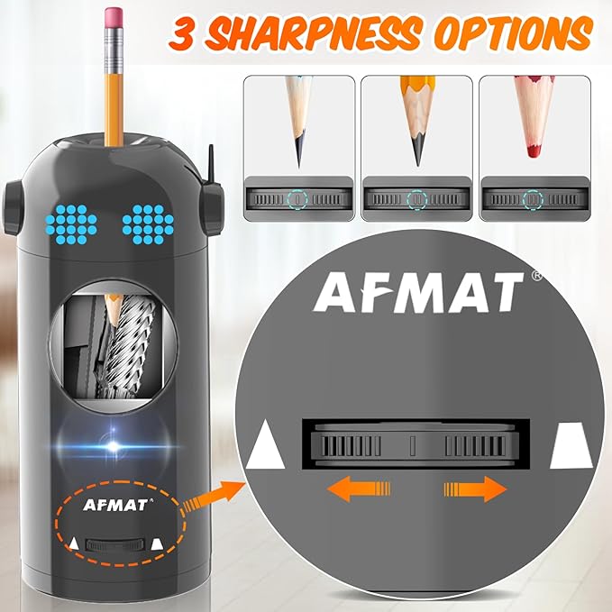 AFMAT Electric Pencil Sharpener, Fully Automatic Colored Pencil Sharpener for 7-11.5mm Pencils, Auto in & Out, Robot Pencil Sharpeners for Kids, Rechargeable Hands-Free with Dotted Eyes, PSX5ET, Gray