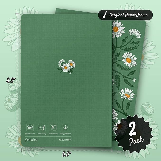 Stitched Composition Notebooks 2-Pack with Unique Art Designed Cover, A5 Lined Diary (8.2"L*5.5"W), Lay Flat Design, Thicked Paper Writes Smoothly for School and Office (Daisy)