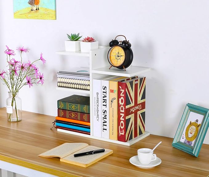 PAG Wood Desktop Shelf Small Bookshelf Desk Supplies Organizers and Accessories Storage Display Rack Office Decor for Women, White