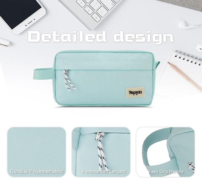 Yeplan Mint Green Pencil Case with Handle,Large Capacity Pencil Pouch | 3 Compartments Pencil Bag,Cute Pencil Case with Zipper,Stationery Storage for Teen and Adult,Pencil Case For Girls