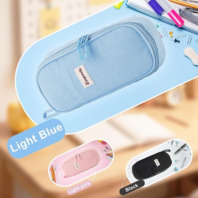 Zzrywuty Aesthetic Pencil Case, Large Capacity Soft Corduroy Pouch with Handle, Wide Opening Blue Cute Stationery Bag & Organizer for School Office, Teens Adults