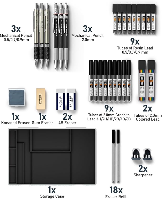 STAGEEK Mechanical Pencil Set with Case 34 Count, Drawing Pencils 0.5, 0.7, 0.9MM & 3PCS 2MM Sketching Pencils with 384PCS Lead Refills (6B 4B 2B HB 2H 4H Color) for Artist Drafting Drawing Writing