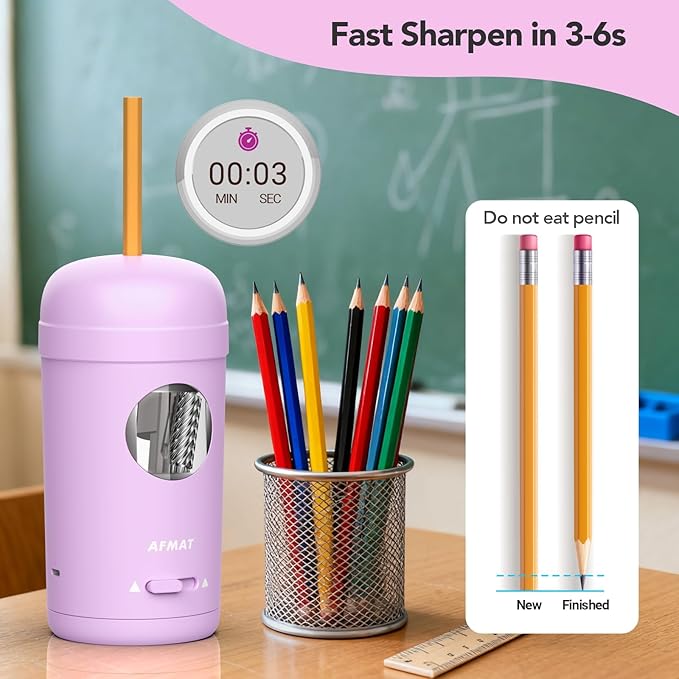 AFMAT Electric Pencil Sharpener, Fully Automatic Pencil Sharpener for 7-8mm Pencils & Colored Pencil, Auto in & Out, Rechargeable Vertical Hands-Free Sharpeners for Classroom/Home/Office PSX7(Purple)