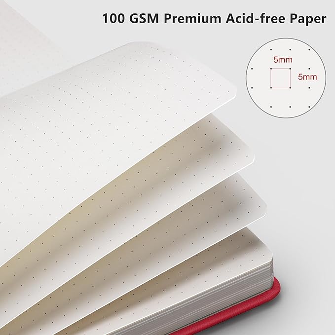 RETTACY Dotted Journal Notebook, 320 Numbered Pages, A5 Medium Size (5.7'' × 8.3''), Leather Hardcover, 100 GSM Thick Paper, for Journaling, Planning, Tracking (Red)