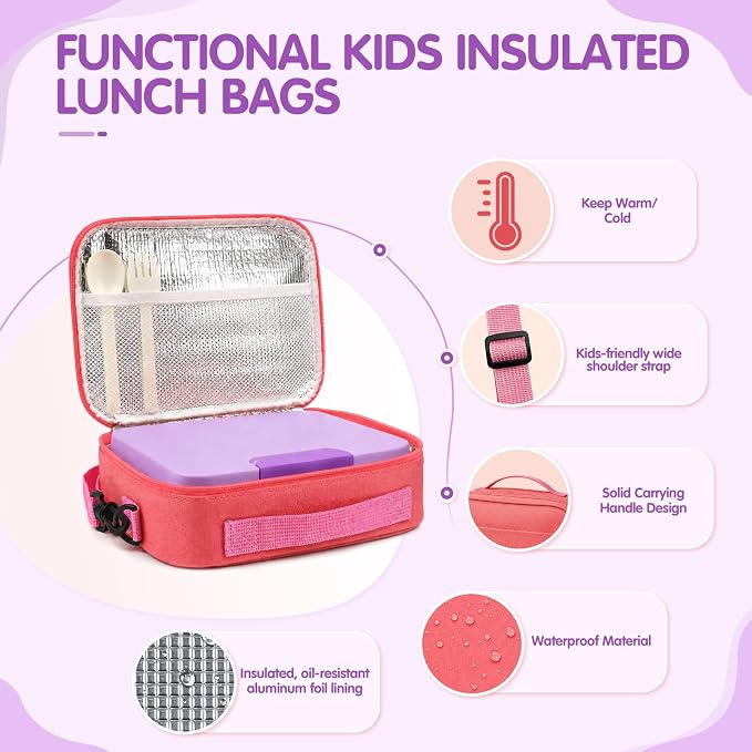 HOMETALL Bento Lunch Box for Kids with 8.5oz Insulated Food Jar, Leakproof Bento Boxes Lunch Bag for Ages 3 to 14 Back to School, Lunchbox Snack Containers Reusable Daycare Meal Prep,Purple