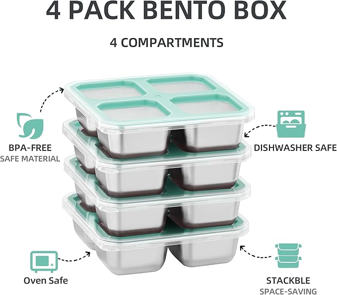 BEFOY 4 Pack Stainless Steel Snack Containers with Lids 4 Compartment Food Storage Containers for Adults & Kids Meal Prep Containers Reusablele (BLUE, 4)