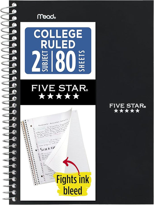 Five Star Spiral Notebook, 2 Subject, College Ruled Paper, 6" x 9-1/2", 80 Sheets, Fights Ink Bleed, Water Resistant Cover, Black (840029AA2-ECM)