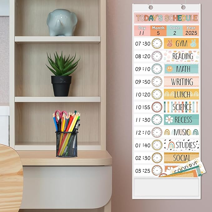 JarThenaAMCS Boho Daily Schedule Pocket Chart 13 x 35.5 In Rainbow Flower Smile 13 + 1 Pocket Visual Schedule Chart Board with 24 Card for Classroom Home Office Supplies