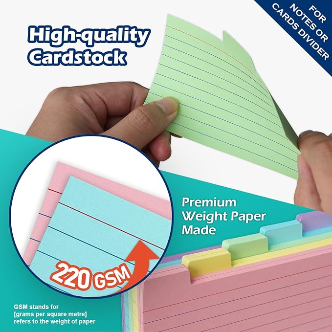 100 Pack Tabbed Index Cards 4x6 Lined Index Card Dividers with Tabs 4" x 6", Colored, 220 GSM Thick Paper