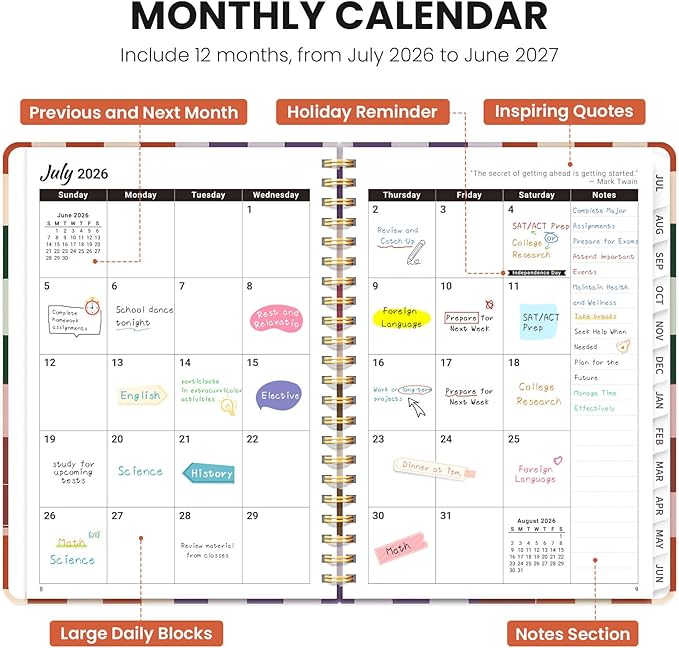 Planner 2026-2027, Academic Planner Weekly and Monthly, Jul 2026 - Jun 2027, Spiral Bound School Planning Tool with Tabs and Pocket, Perfect for Students & Teacher, 8.5" x 11", Checkered