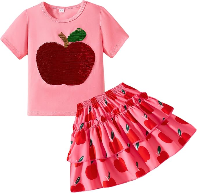 Little Girls Skirt Set - 2 Piece Short Sleeve Top Shirred Tiered Skirt Outfit Girls Spring Summer Clothes 3-8 Years