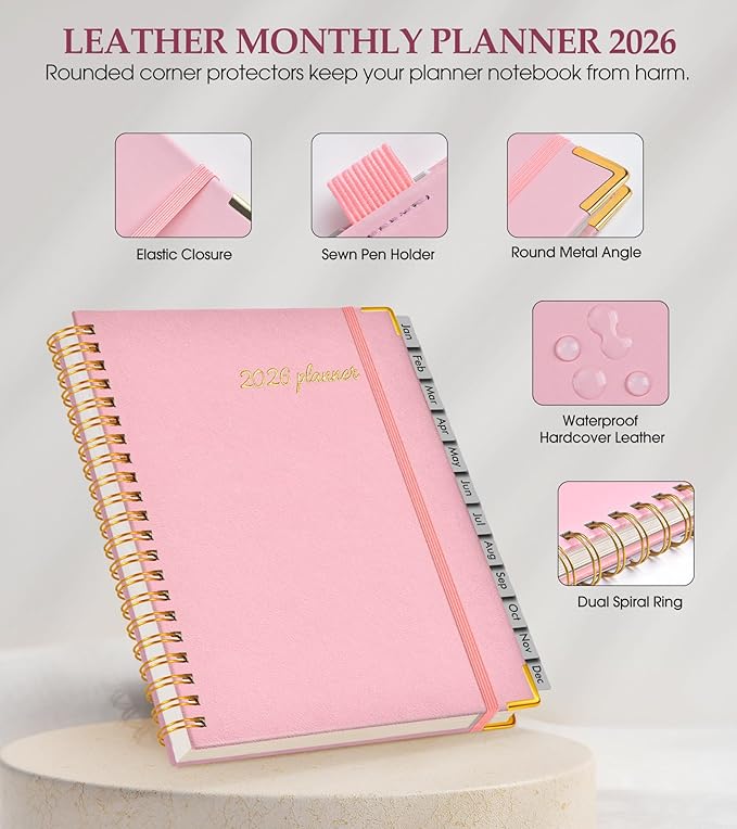 2026 Planner, Weekly and Monthly Calendar Planner from January 2026 - December 2026, 8.5" x 11" Hardcover Leather Hourly Appointment Book with Tabs, Spiral Daily Planners for College School Work Home, Light Pink