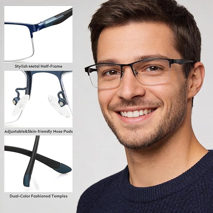 CARA Ultra Lightweight Progressive Multifocus Reading Glasses Men, Metal Frame Flexible TR90 Bi-color Temples with Blue Light/UV400 Protection Multifocal Computer Readers(Black+Blue, +1.75)