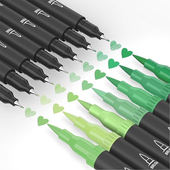 Green Markers, 12 Pack Dual Brush Pens Drawing Markers for Art Sketching