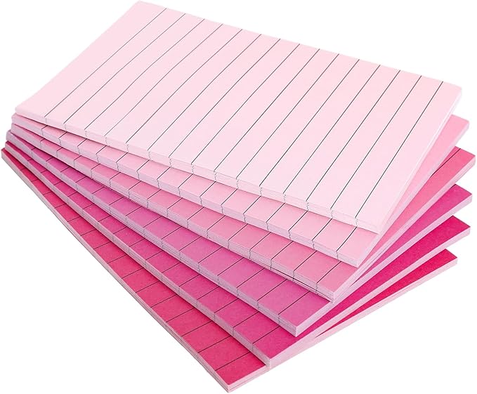 JarThenaAMCS 12Pcs Pink Lined Sticky Notes 6 Colors Gradient Pink Self-Adhesive Notepads Removable Memo Pad for Office School Home Supplies, 4 x 6 Inch