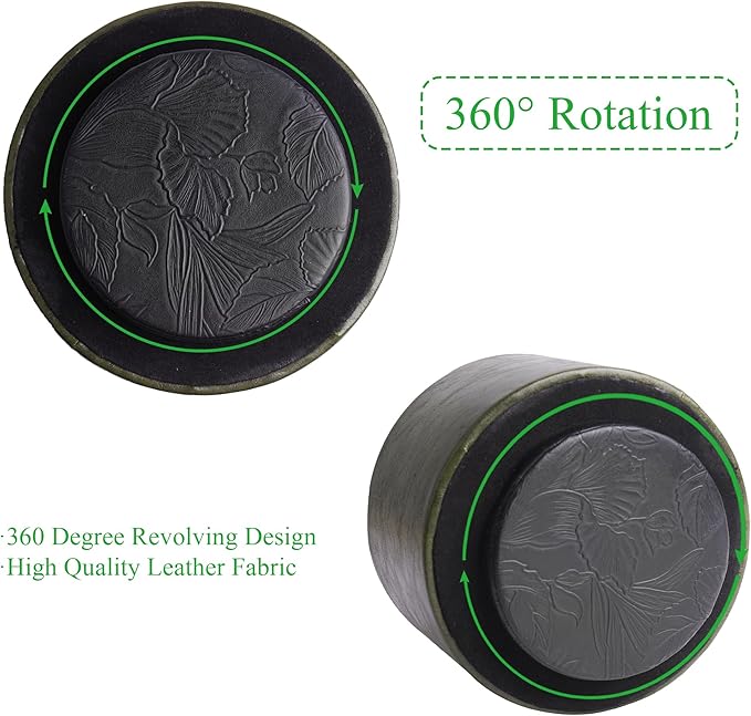 Round Leather Art Supply Organizer,Remote Control Holder,360 Degree Spinning,Multi-Functional Pencil Holder,4 Compartments Desktop Stationary Organizer(1-Oil Green)