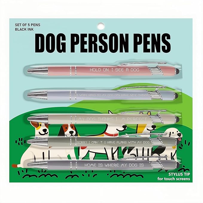 Jxueych 5-Pack Dog Person Ballpoint Pens with Touch Screen Tip – Morandi Color Barrel, Funny Dog-Themed Quotes, Gift for Dog Lovers – Smooth Writing Black Ink