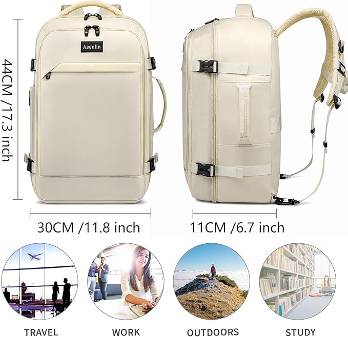 Asenlin Travel Backpack for Women Men,Flight Approved Carry On Luggage 30L Water Resistant Business Laptop Backpacks Fits TSA 15.6 Inch Computer College Weekender Outdoor Hiking-White
