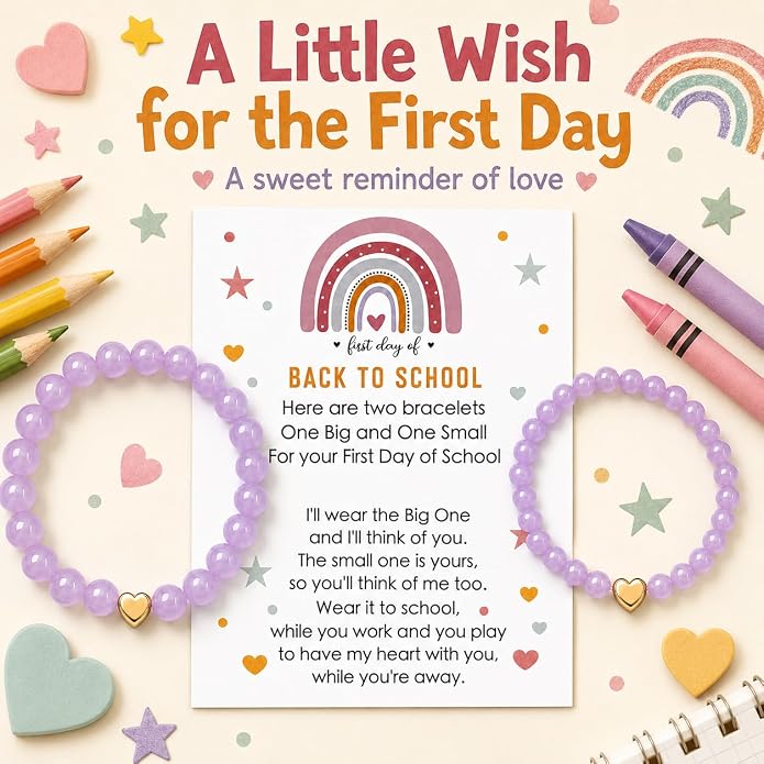 Back to School Bracelets Heart Matching Mommy and Me Elastic Wish Strings Bead Bracelets First Day of School Supplies Gifts