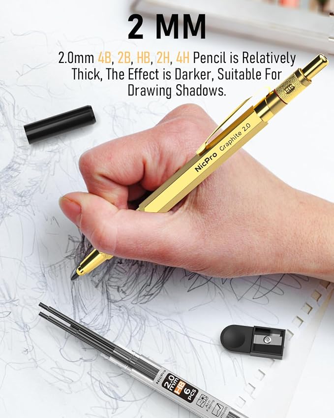 Nicpro 30PCS Art Mechanical Pencils Set in Leather Case-Gold | Metal Drafting Pencil 0.5/0.7/0.9/2mm Lead Pencil Holder for Sketching Drawing With 252 (6b 4B 2B HB 2H 4H Color) Lead Refill