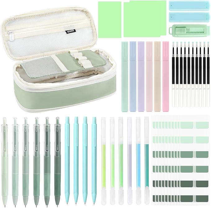 MoKo 49Pcs Aesthetic School Supplies, Green Cute Pencil Case Set with Pastel Highlighters, Mechanical Pencils with Refills, Eraser & Sticky Notes Tabs Set for Middle & College Students Stationery