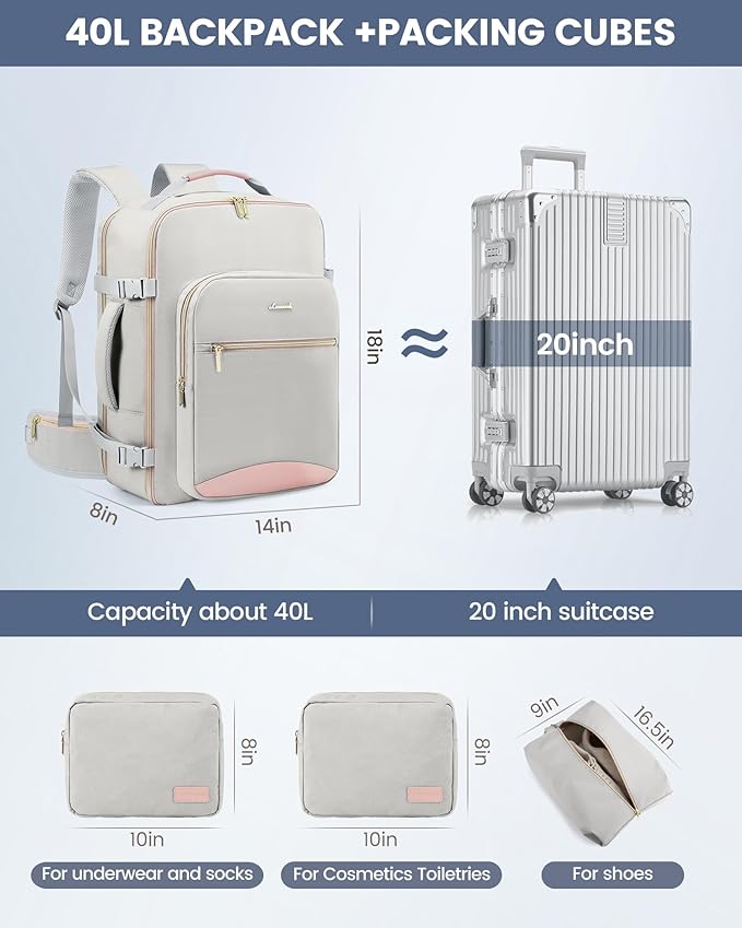 LOVEVOOK 40L Travel Backpack with Waist Strap,Flight Approved Carry on Backpack,Waterproof Personal Item Travel Bag,TSA Carry on Luggage Suitcase Travel Essentials,Gifts for Women & Men,fit 17" Laptop