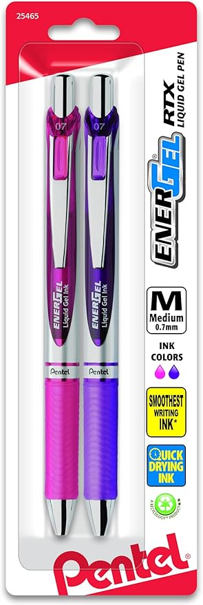 Pentel EnerGel RTX Retractable Liquid Gel Pen, Medium Line, Metal Tip, Pink/Violet Ink, 2-Pack (BL77BP2PV)