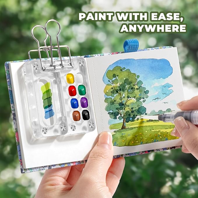 Mini Portable Watercolor Palette Set-Grid Paint Box with Binder Clips Include 12 Colors Paint - Brush*3 and Picture Album Art Materials Coloring Markers for Travel, Creative Drawing Kit for Beginners and Art Enthusiasts((Blue Wood-S)