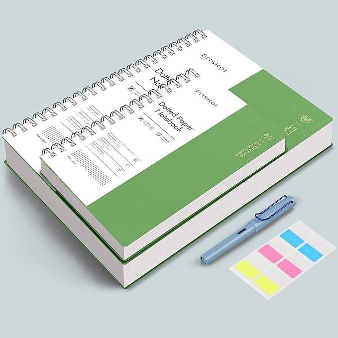 EMSHOI Dotted Journal Spiral Notebook, 300 Pages, A4 Large 8.27"x11.2", 100 GSM Thick Paper, Flexible Plastic Cover, 5mm Dot Grid Notebook for Journaling, Planning, Drawing, Writing, Green