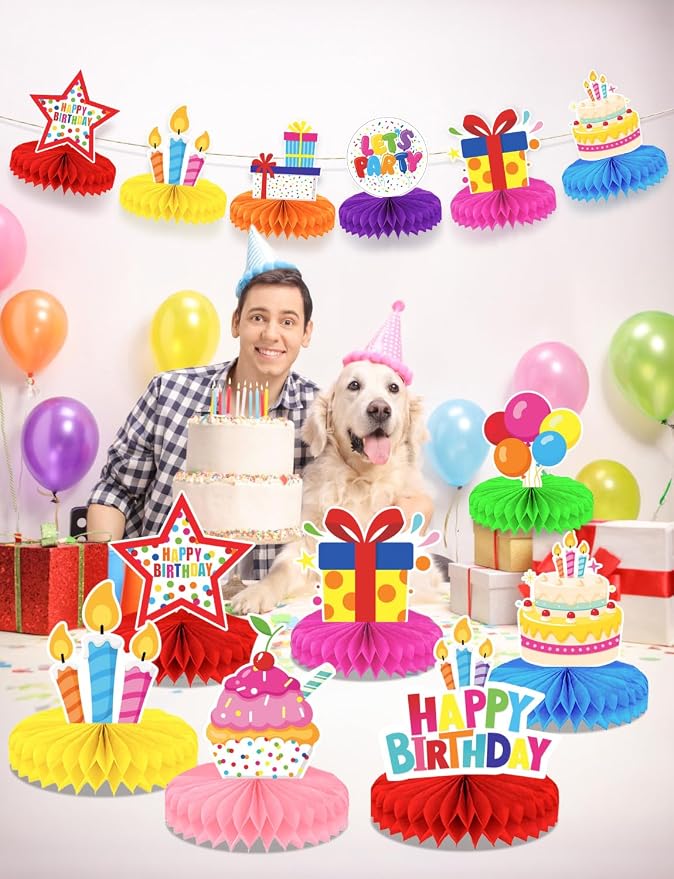 Birthday Table Decorations - 9 Pcs Colorful Happy Birthday Centerpieces for Tables Rainbow Honeycomb Centerpieces Table Toppers for Girls Boys Men Women Birth Date Party Supplies, Photo Booth Props