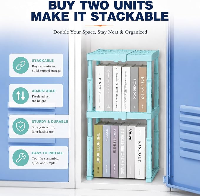 Svartur Adjustable Locker Shelf for School, Height and Width Adjustable Locker Organizer for Work, Stackable Locker Tools for Gym Lockers, Back to School Essentials, Mint Blue