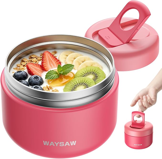 14 oz Kids Thermo for Hot Food, Leakproof Insulated Vacuum Jar/Pink | 316 stainless steel wide mouth buckle lid BPA free pasta soup small hand friendlly keep food hot and cold school lunch picnic