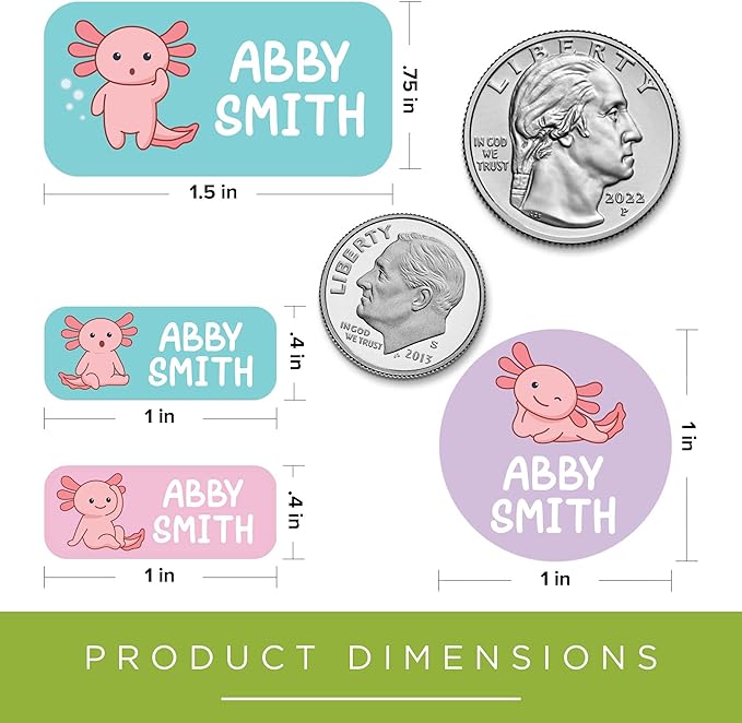 Personalized Daycare Name Labels for Kids, (130 Pack) Waterproof Custom Name Stickers for Clothing Tags, Lunch Boxes and School Supplies, Made in USA by MSC -Axolotl