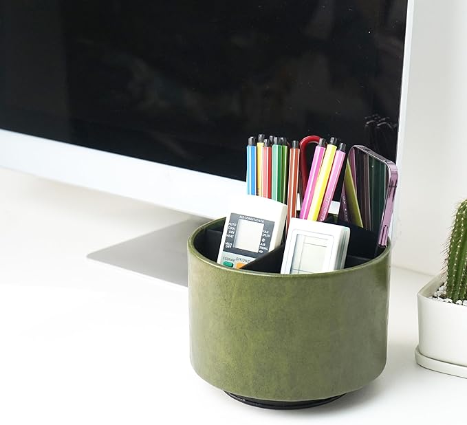 Round Leather Art Supply Organizer,Remote Control Holder,360 Degree Spinning,Multi-Functional Pencil Holder,4 Compartments Desktop Stationary Organizer(1-Oil Green)