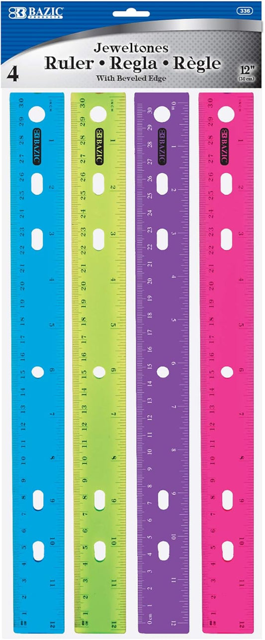 BAZIC Products Jeweltones Ruler, 12", 4-Pack