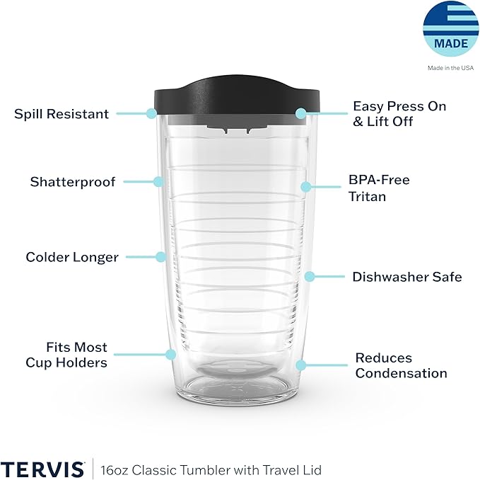 Tervis Clear & Colorful Lidded Made in USA Double Walled Insulated Tumbler Travel Cup Keeps Drinks Cold & Hot, 16oz, Fuchsia Lid