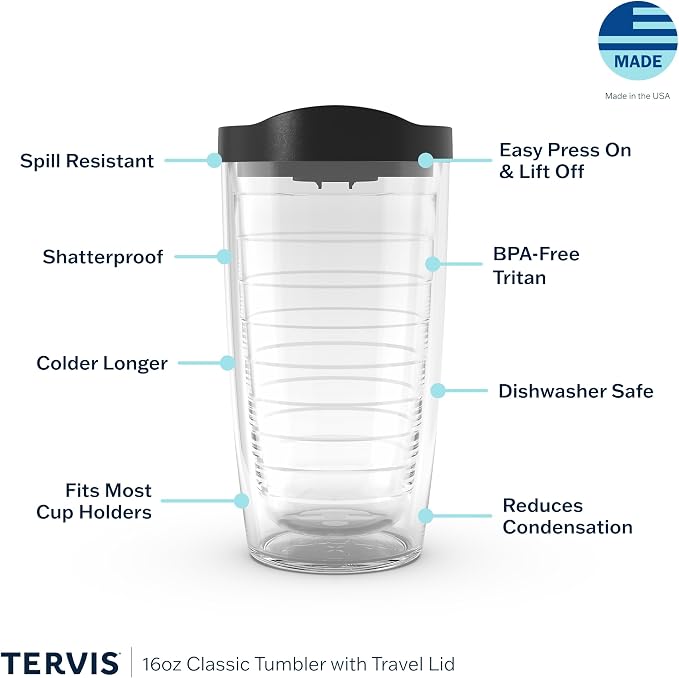 Tervis Clear & Colorful Lidded Made in USA Double Walled Insulated Tumbler Travel Cup Keeps Drinks Cold & Hot, 16oz, Black Lid