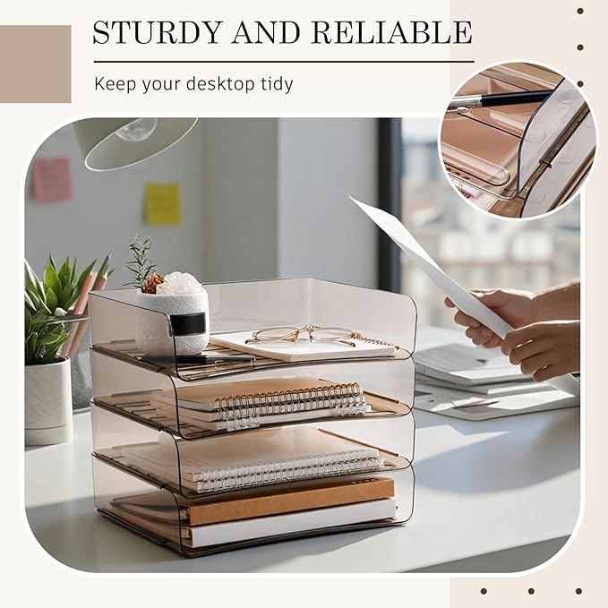 Harloon 4 Tier Clear Gray Acrylic Paper Organizer Letter Tray, Aesthetic Stackable Desk File Organizer Holder Office Tray for A4, Modern Home Office File Pad Books Notes, 13 x 9.8 x 3 Inches