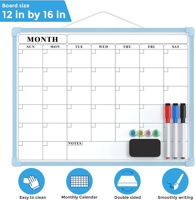 MaxGear Monthly Calendar Dry Erase Board for Wall, 16"x12" Small Hanging Double-Sided White Board, Portable Whiteboard for Planning, Drawing, Memo, to Do List, School, Home, Office, Blue Frame