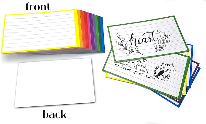 PPAPPAPPIYO 100 Pack 3x5 Ruled Index Cards, Extra Thick 260gsm White Cardstock, Colorful Borders with Ruled Front and Blank Back, Heavyweight Flash Cards for Study, Recipes, and Organization