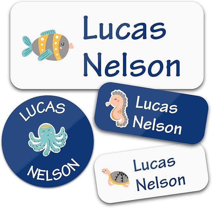 Bunny Badges Personalized Daycare Name Labels for Kids (130 Labels) - Custom Waterproof Name Stickers for Clothing Tags, Water Bottles, Lunch Boxes and School Supplies (Water Animals)